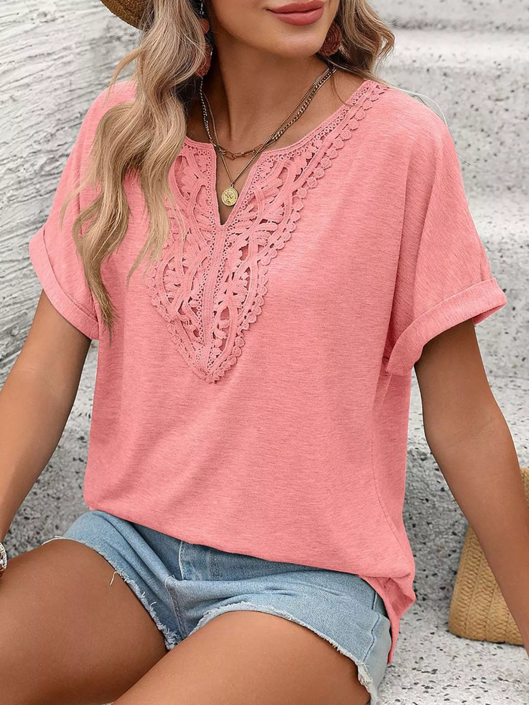 Lace-trim V-neck short sleeve top with rolled cuffs