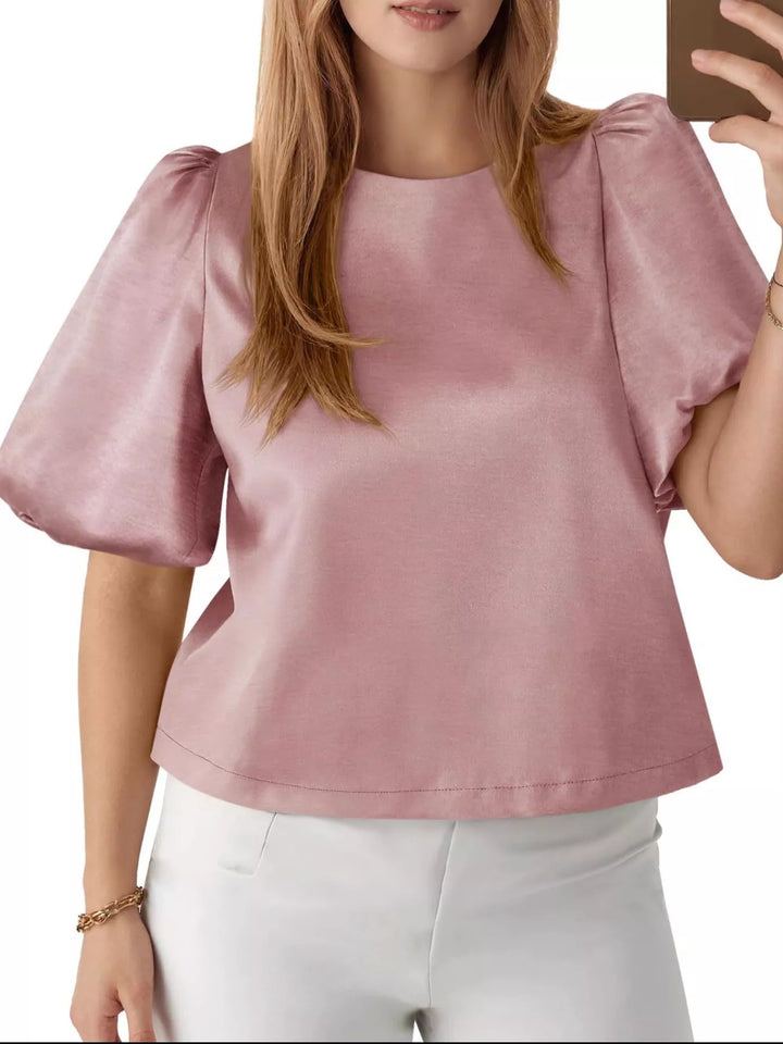 Pink Short puff sleeve satin top with round neck