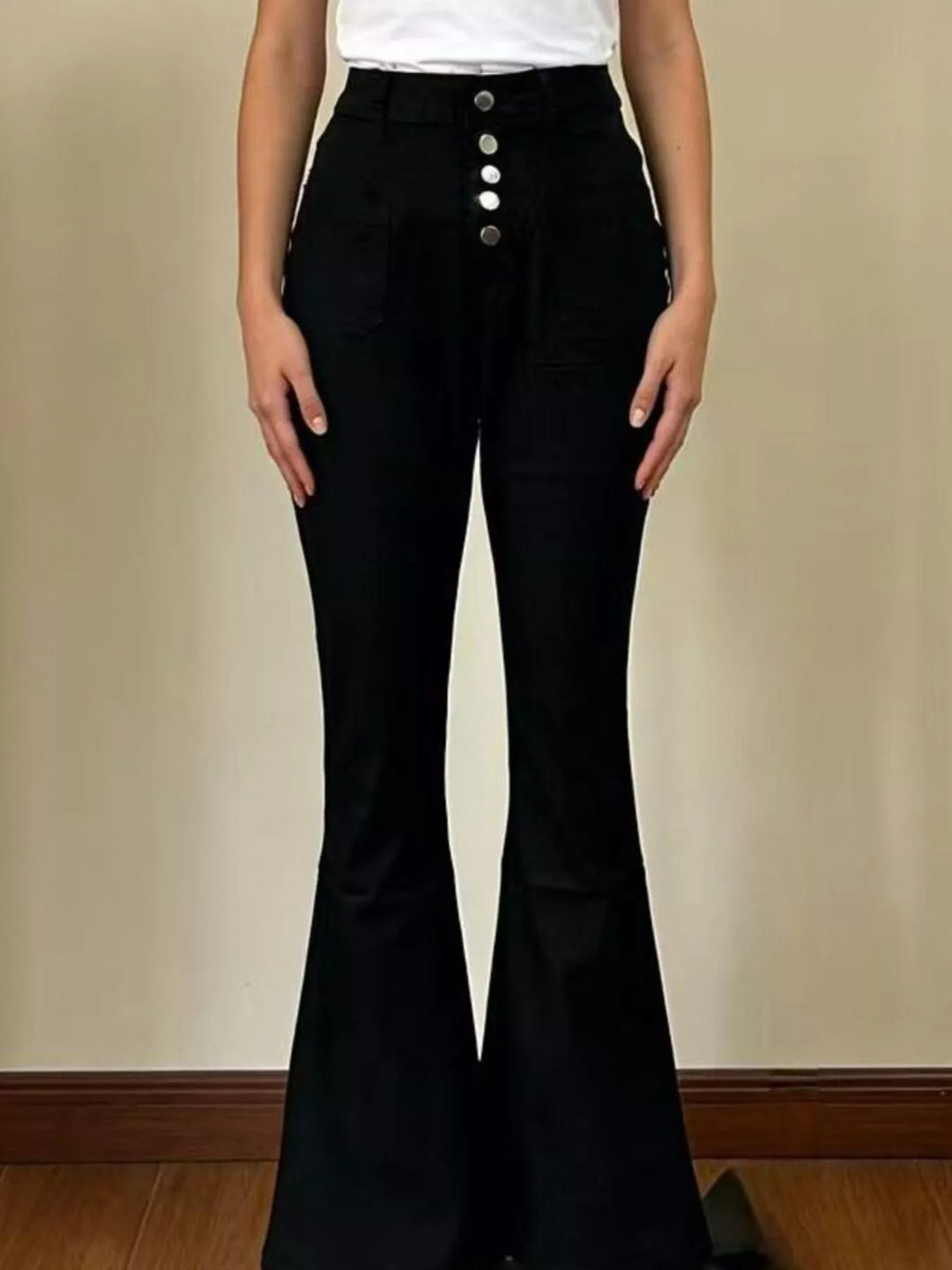 Black High-waisted button-fly flare jeans with patch pockets