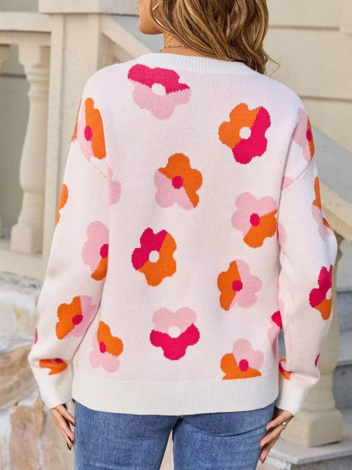 Retro floral crew neck knit pullover sweater