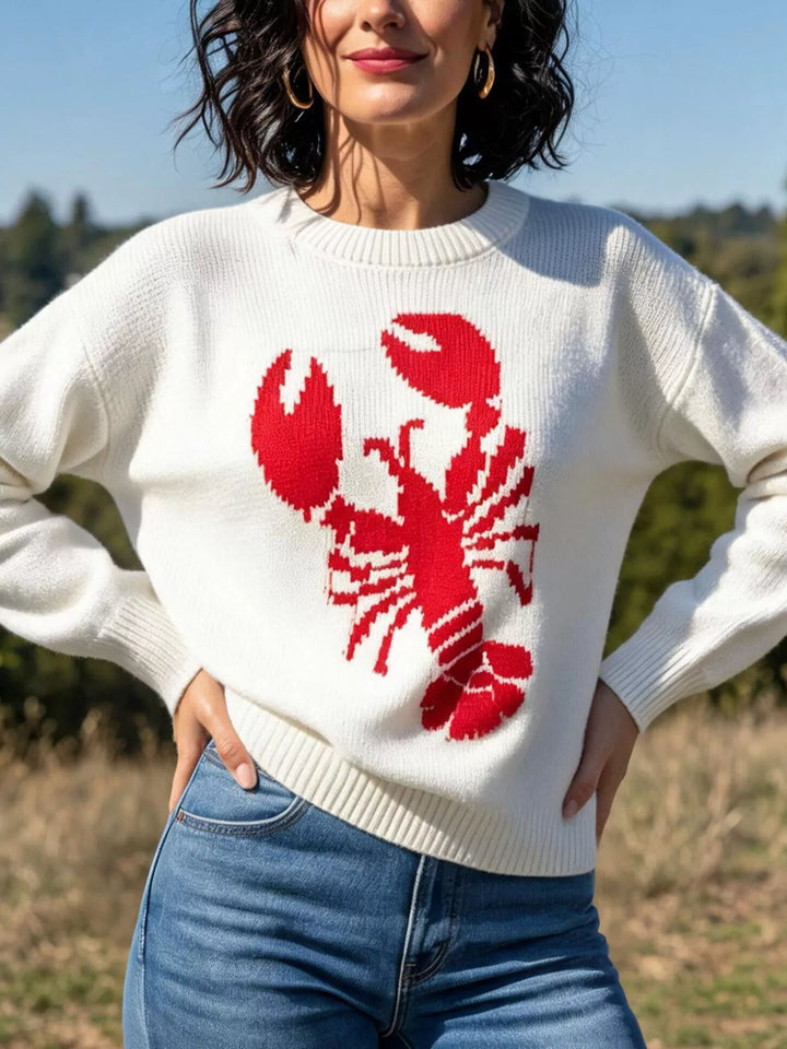 Ivory Lobster intarsia knit crew neck sweater with ribbed trim
