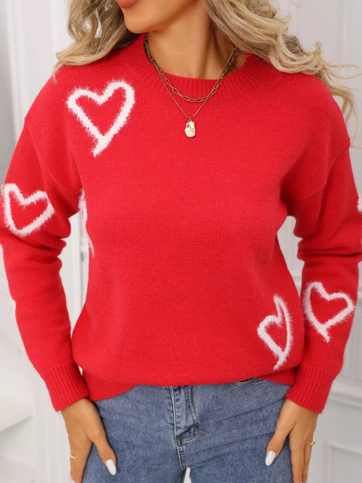 Fuzzy heart crew neck sweater with ribbed trim