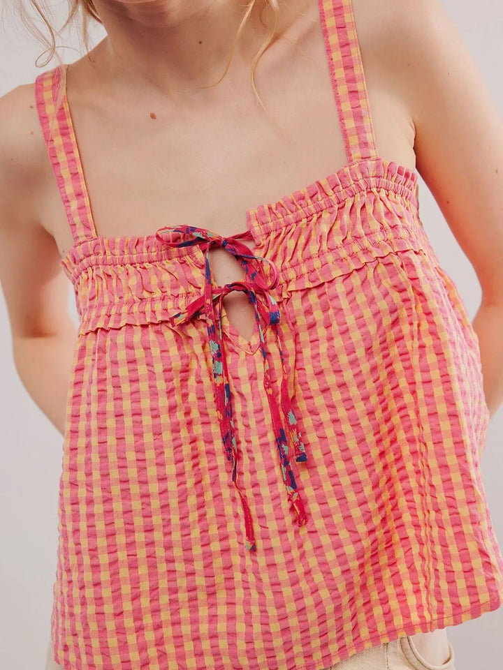 Smocked gingham tie-front cami with adjustable straps