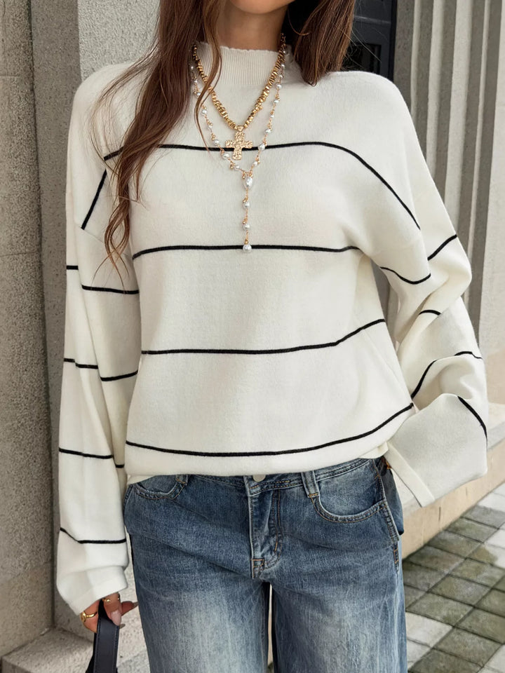 Black And White Stripes Striped mock neck sweater with drop shoulder sleeves