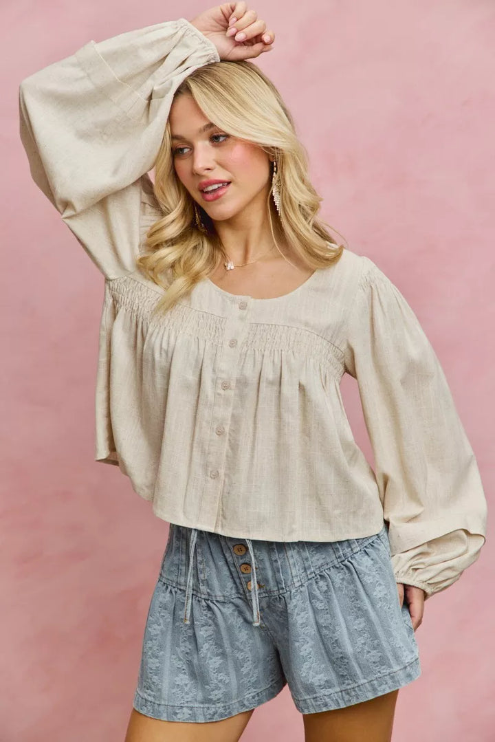 Smocked button-front puff sleeve linen blend top