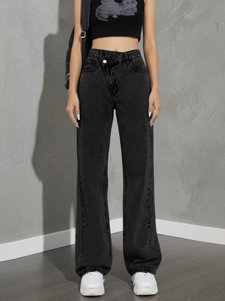 Asymmetric crossover high-rise wide leg jeans