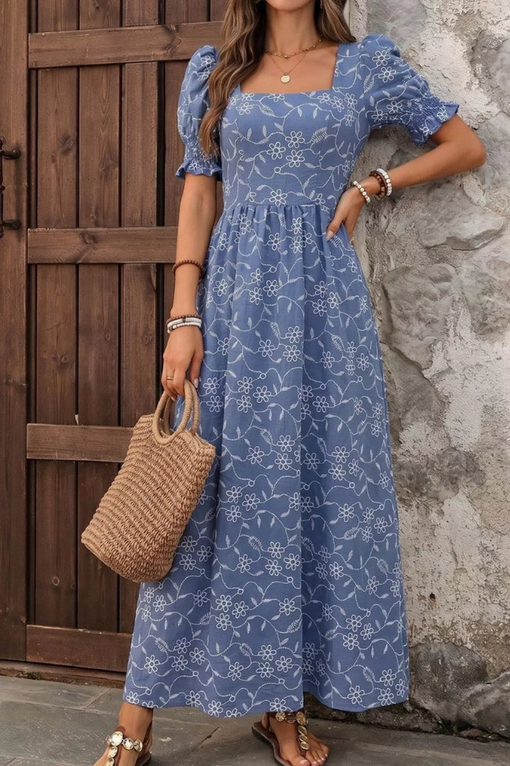 Floral square neck puff sleeve maxi dress