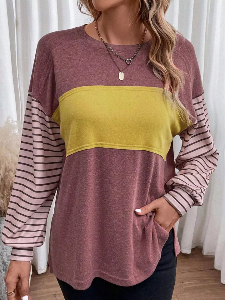 Color block striped long sleeve crew neck top
