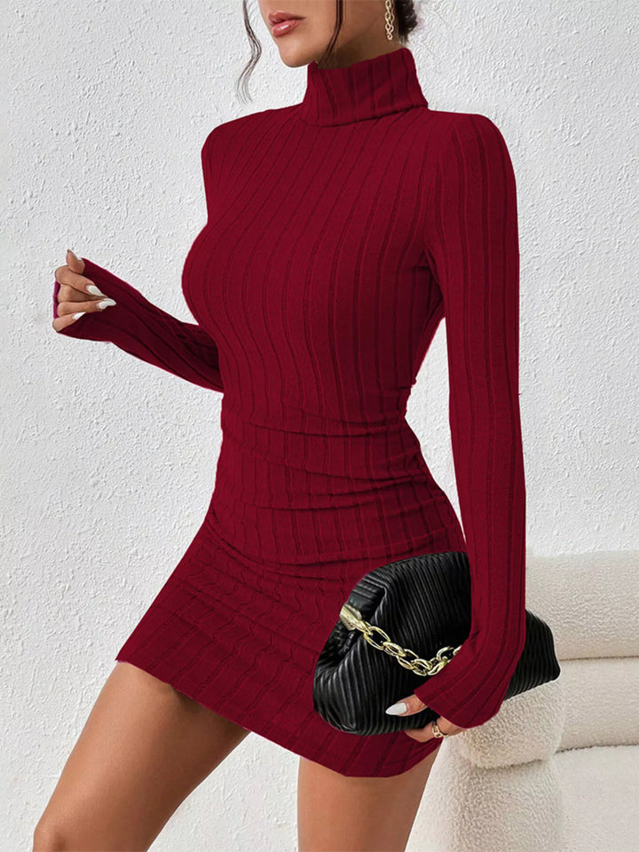 Ribbed knit turtleneck bodycon mini dress with thumbhole sleeves