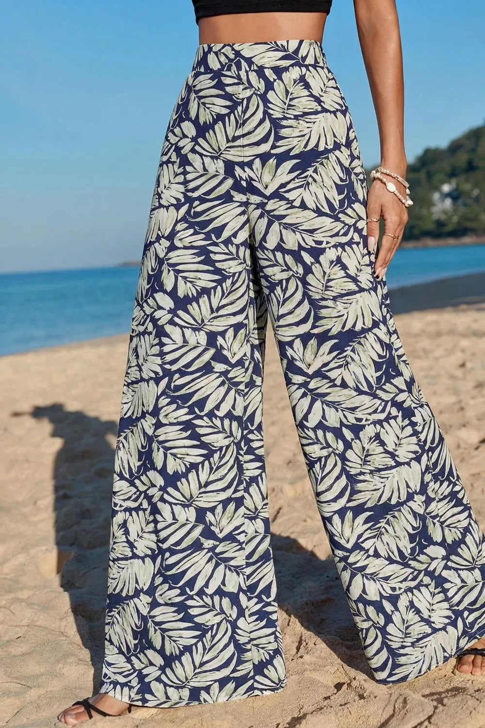 Tropical leaf print wide leg pants with pockets