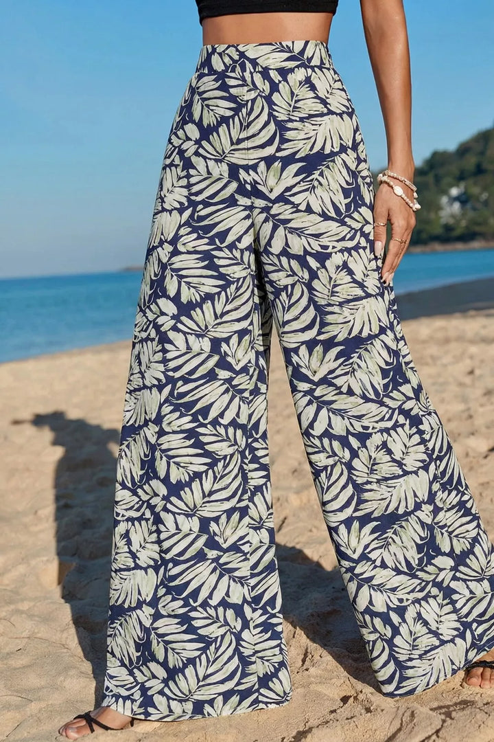 Tropical leaf print wide leg pants with pockets