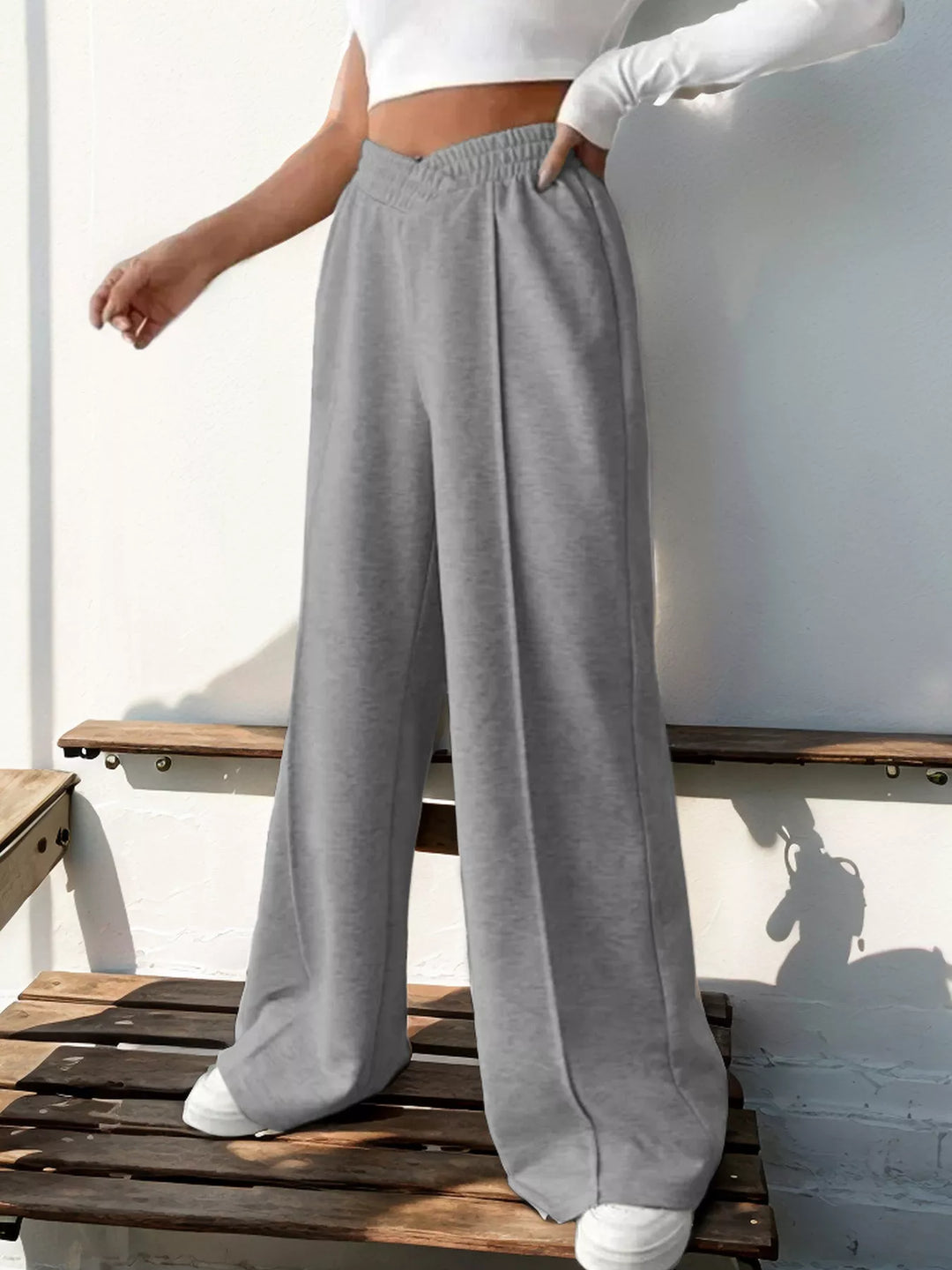 High waist wide leg pull-on pants with V-notch waistband
