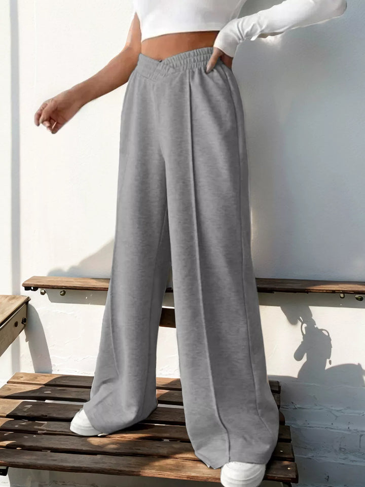 High waist wide leg pull-on pants with V-notch waistband