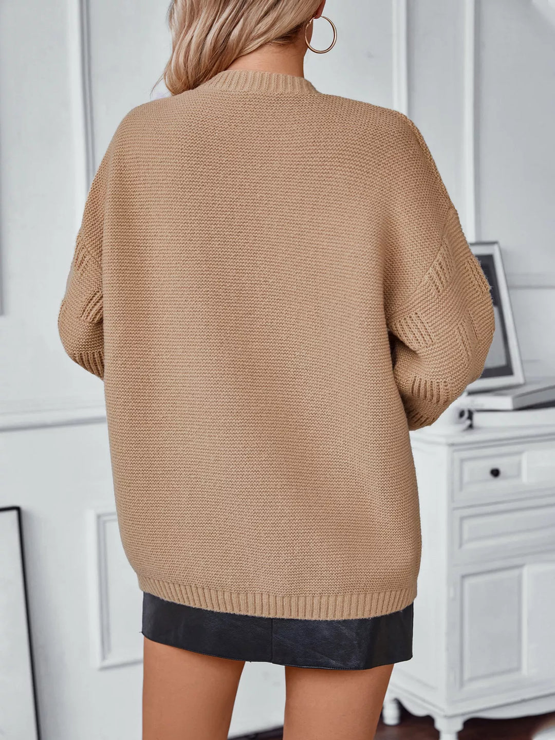 Textured basketweave knit open-front cardigan with pockets