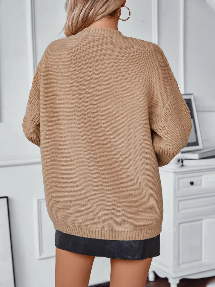 Textured basketweave knit open-front cardigan with pockets