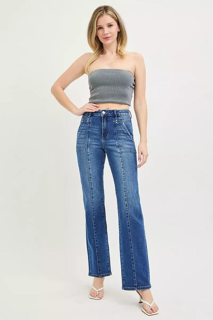 High-rise seamed straight-leg jeans with patch pockets