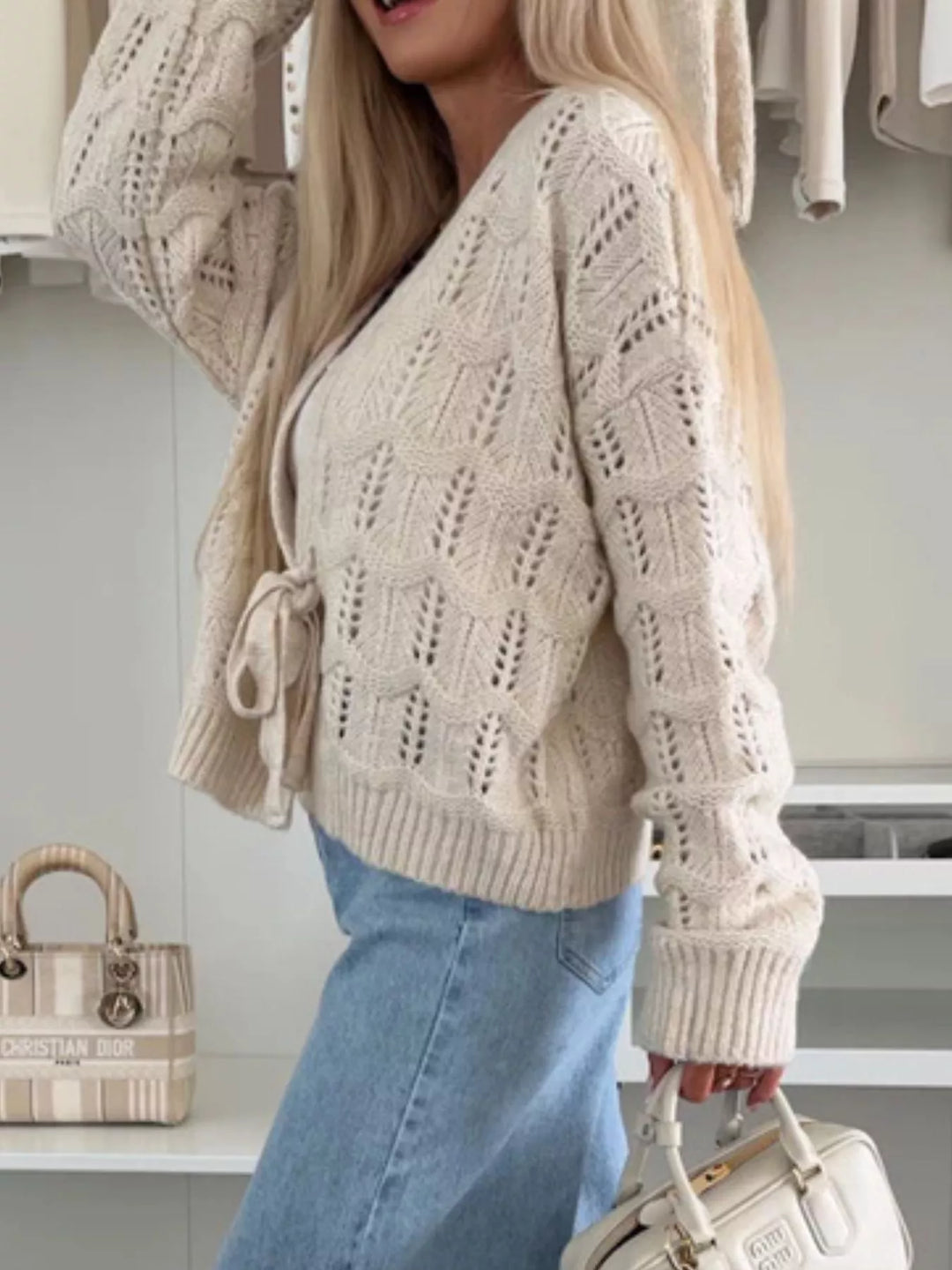 Openwork tie-front cropped knit cardigan