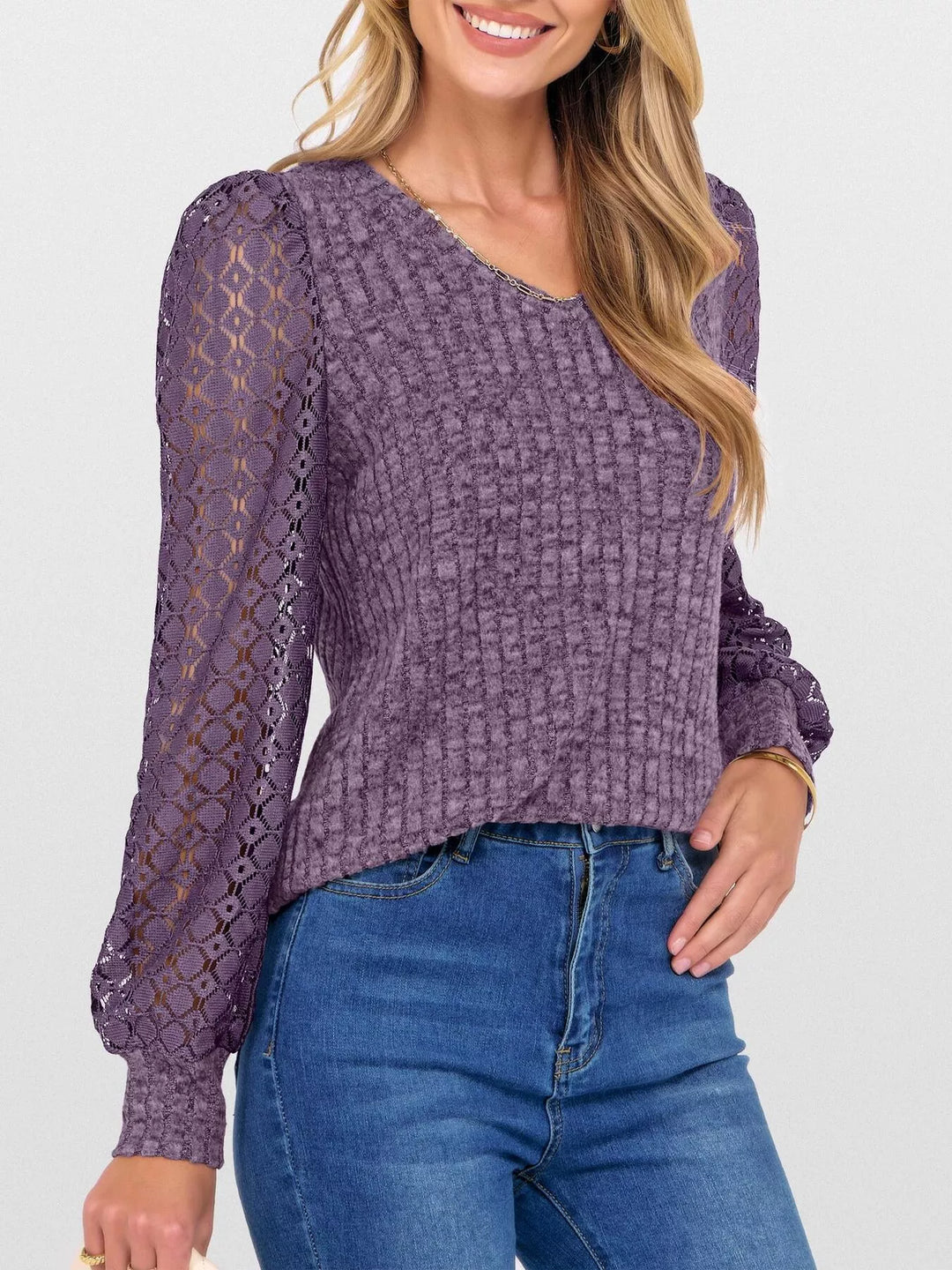 Sheer lace sleeve ribbed knit V-neck top