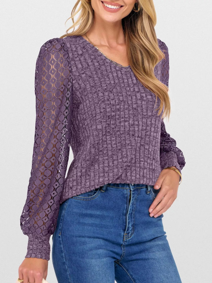 Sheer lace sleeve ribbed knit V-neck top