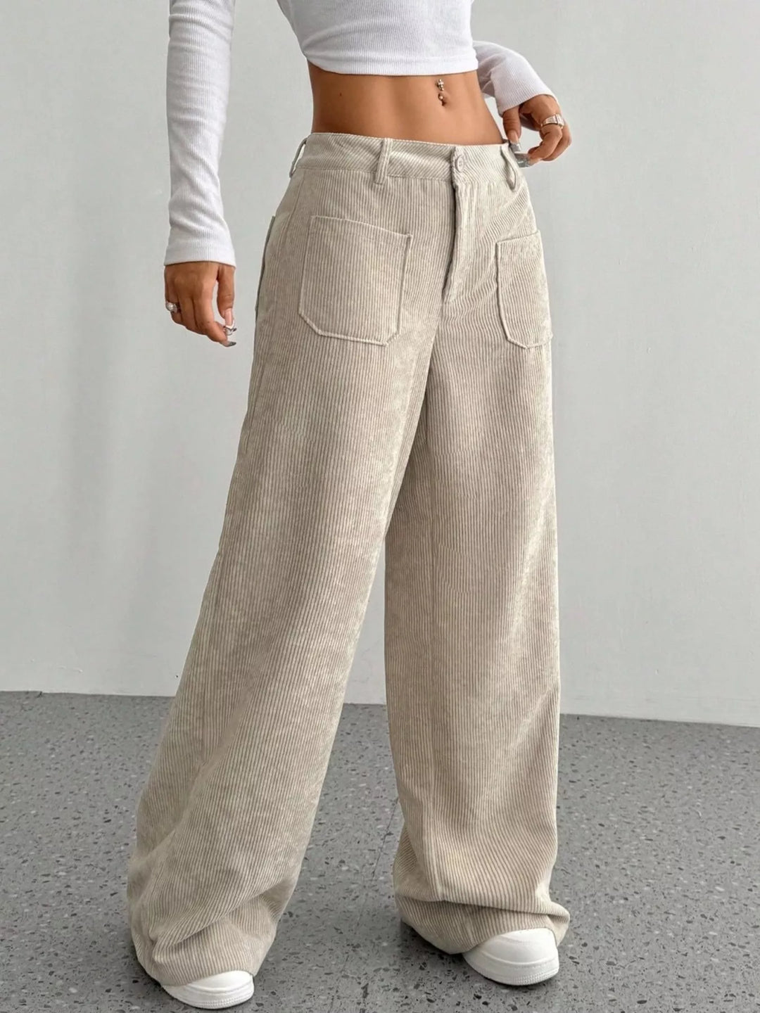 Wide-leg corduroy pants with front patch pockets