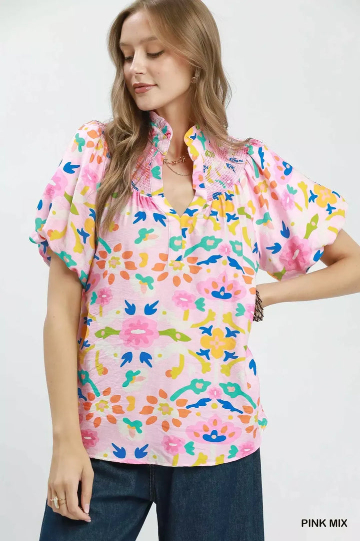 PINK MIX Folk art floral puff sleeve top with smocked collar