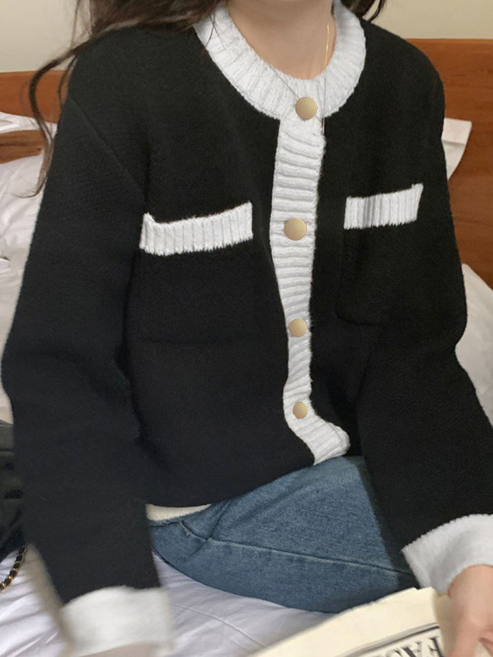 Black Contrast-trim button-up knit cardigan with patch pockets
