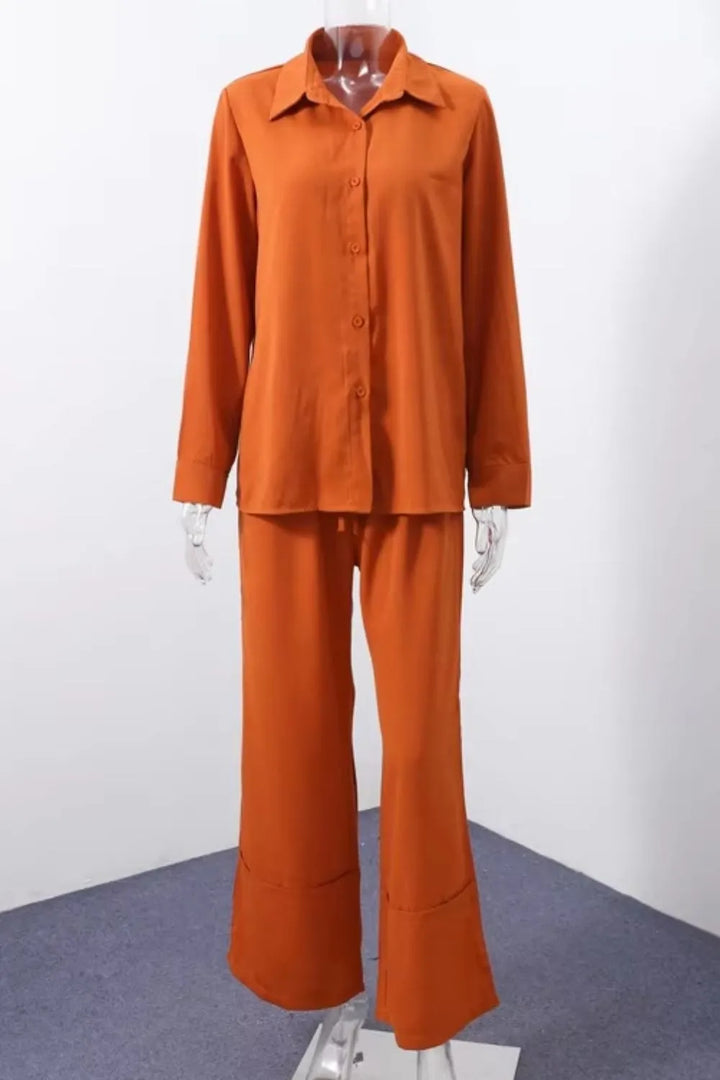Long sleeve button-down shirt and wide-leg drawstring pants set