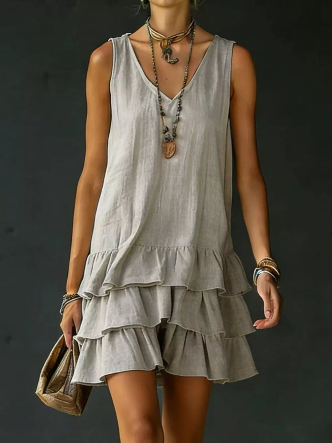 Grey Tiered ruffle hem V-neck sleeveless mini dress