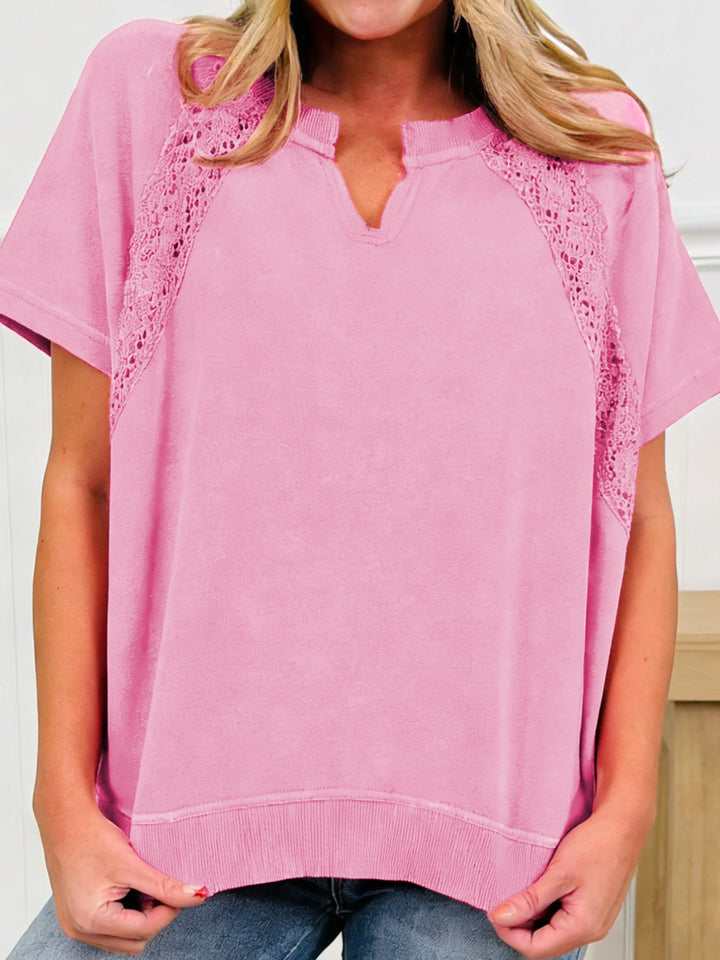 Dusty Pink Mineral wash lace patchwork tee with notched neck