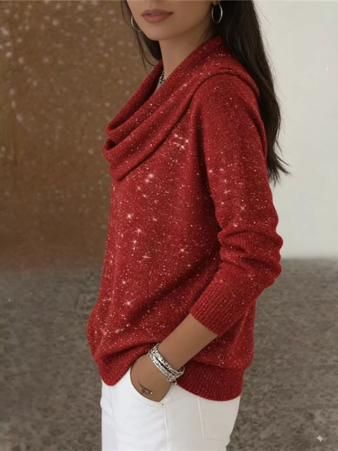 Metallic ribbed knit cowl neck sweater with curved hem