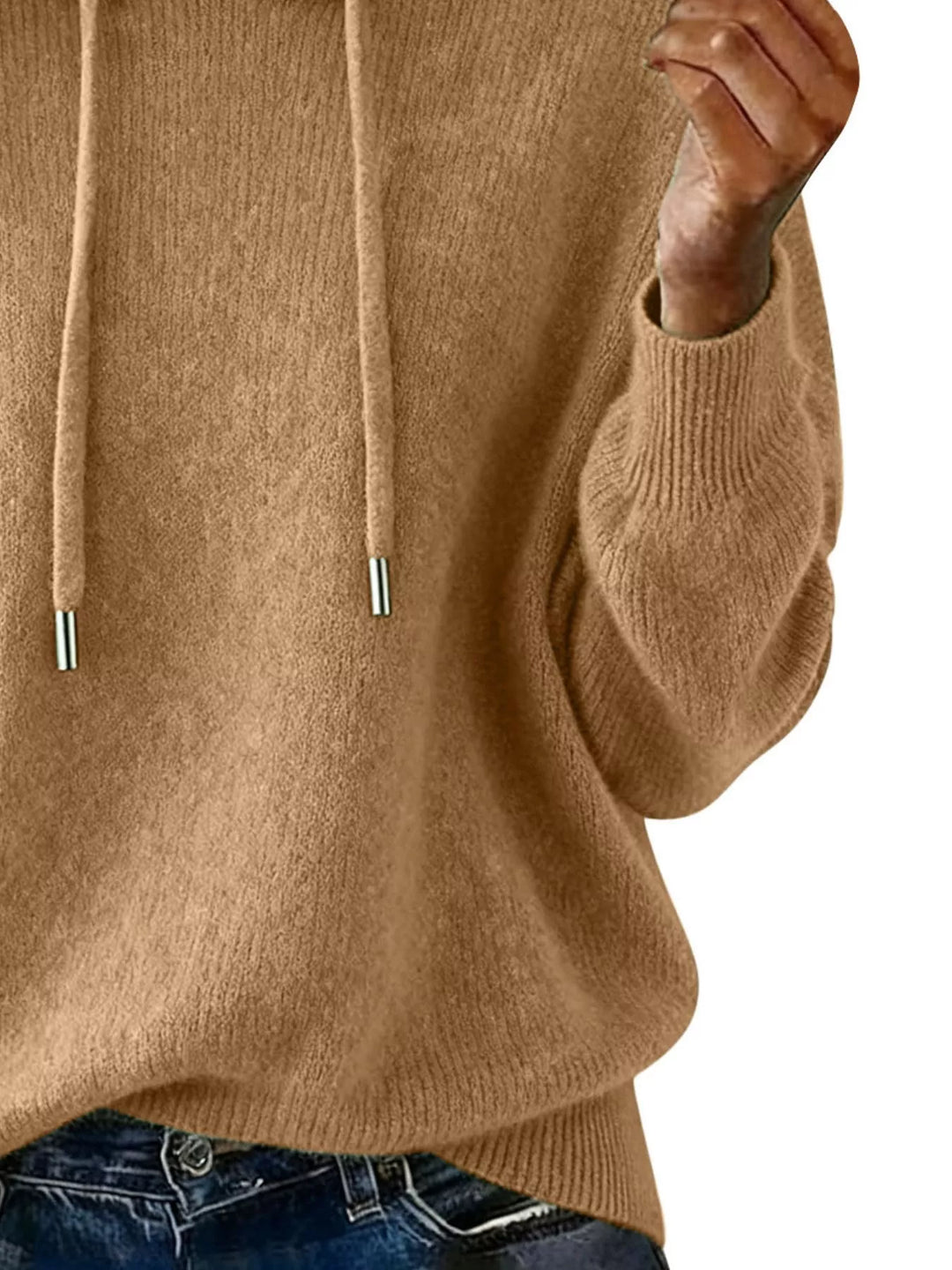 Drawstring hooded knit sweater with ribbed cuffs