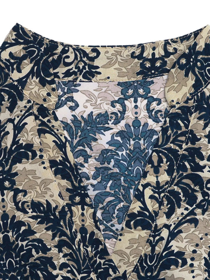 Baroque damask print cap sleeve V-neck blouse