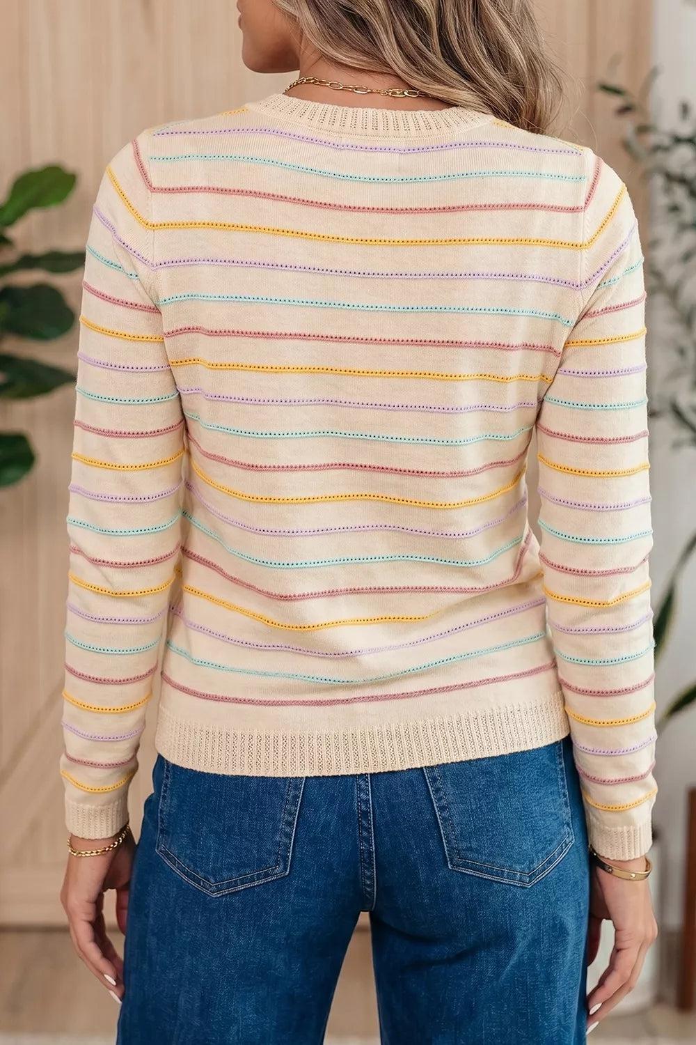 Multicolor stripe crew neck pullover sweater