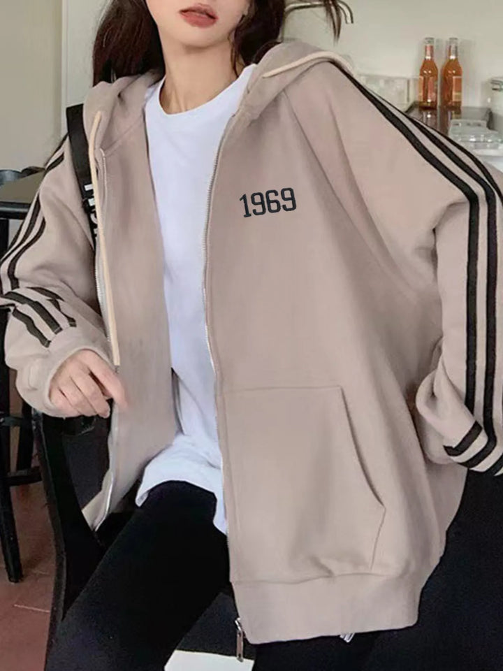 Mocha Oversized zip-up hoodie with striped sleeves and drawstring hood