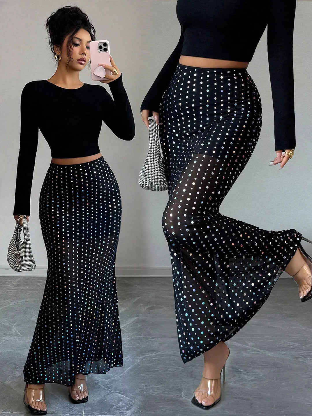 Sheer mesh iridescent polka dot maxi skirt