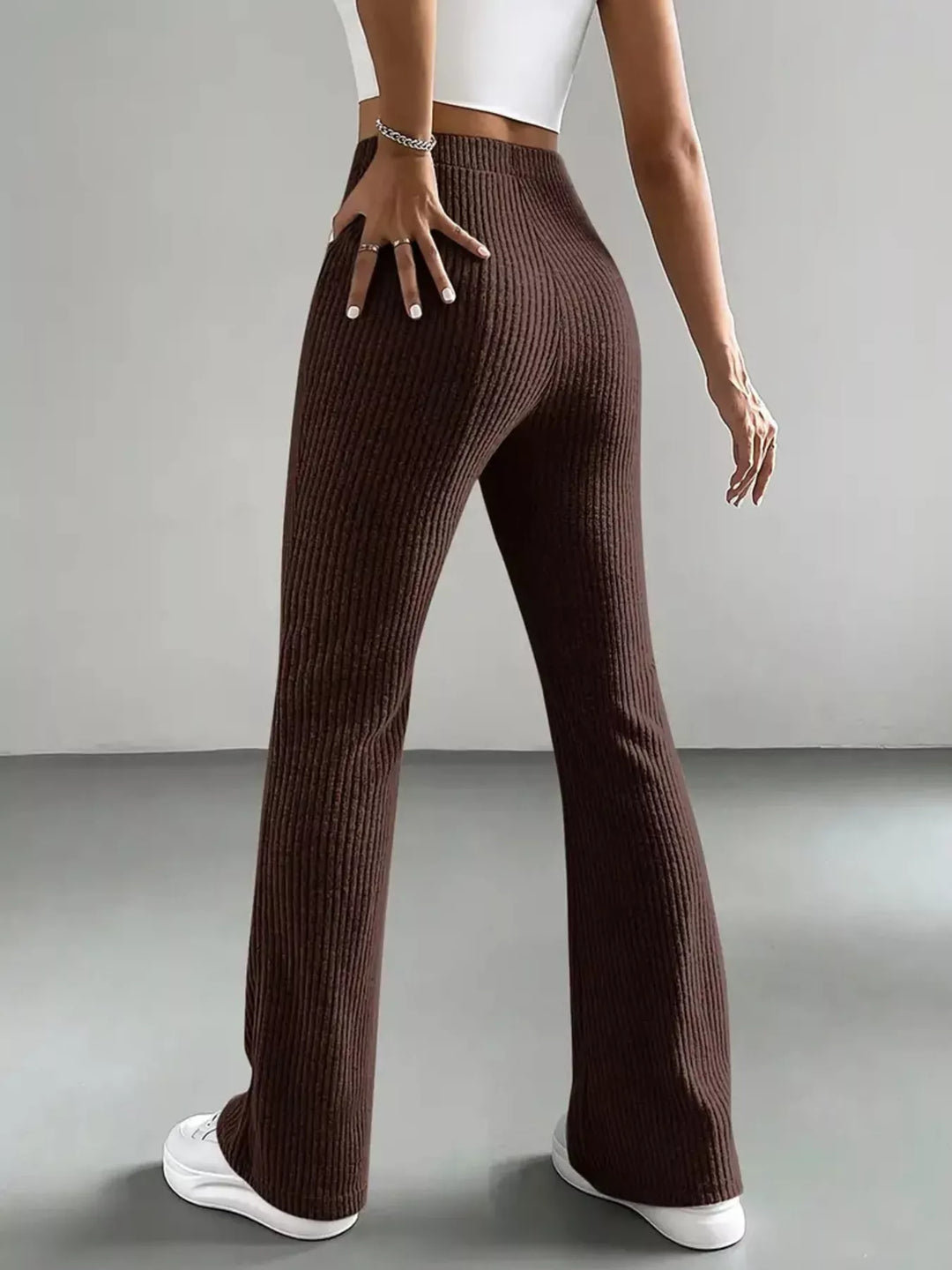 High-rise ribbed knit flare pants