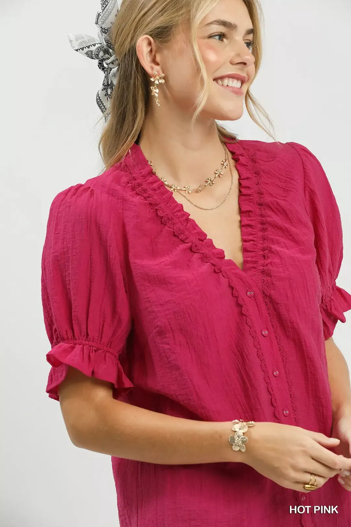 Textured puff sleeve button-front top with crochet lace trim