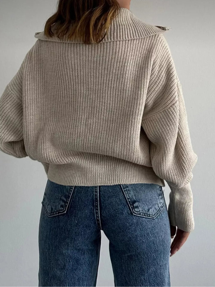Chunky two-way zip sweater jacket with foldover collar
