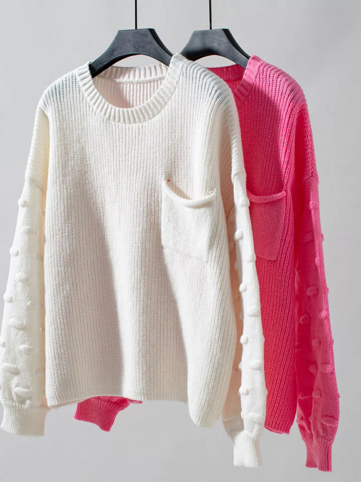 Ribbed knit round neck sweater with chest pocket