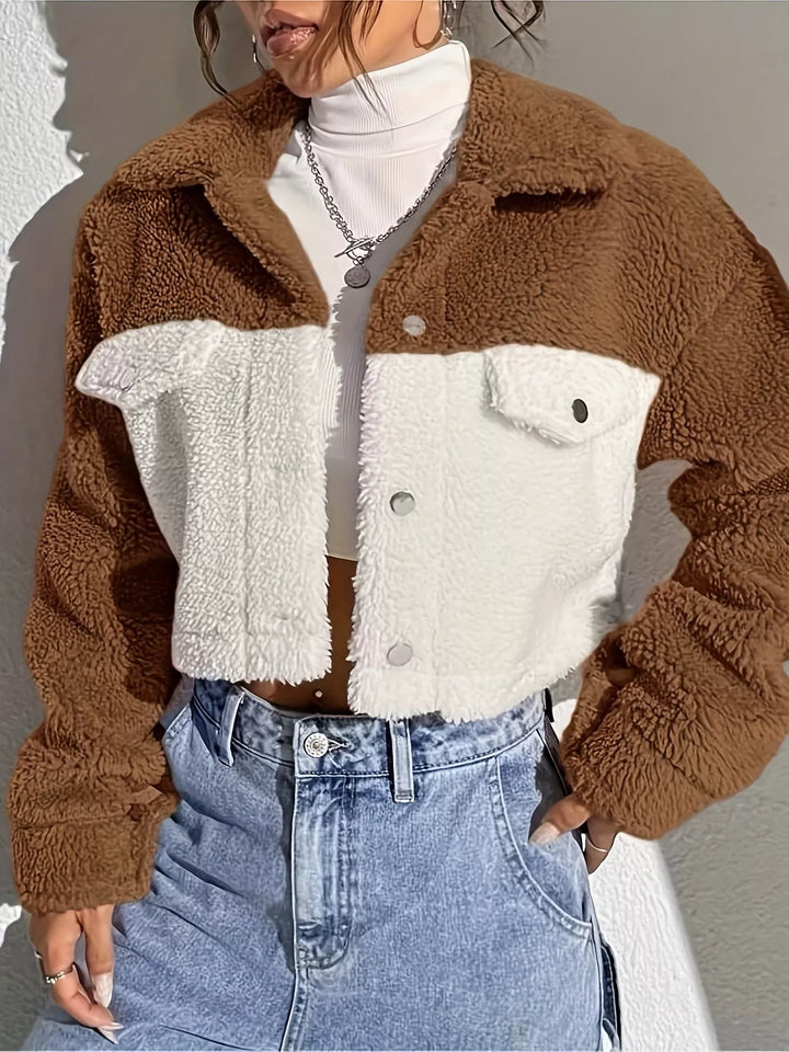Two-tone sherpa cropped trucker jacket with snap front