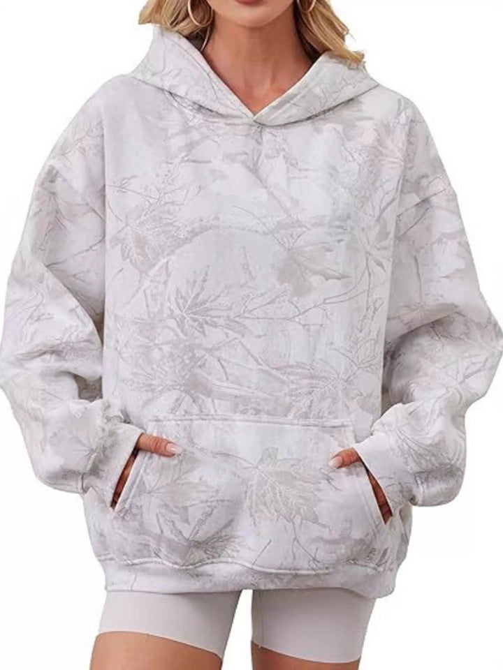 Apricot Oversized leaf print pullover hoodie with kangaroo pocket