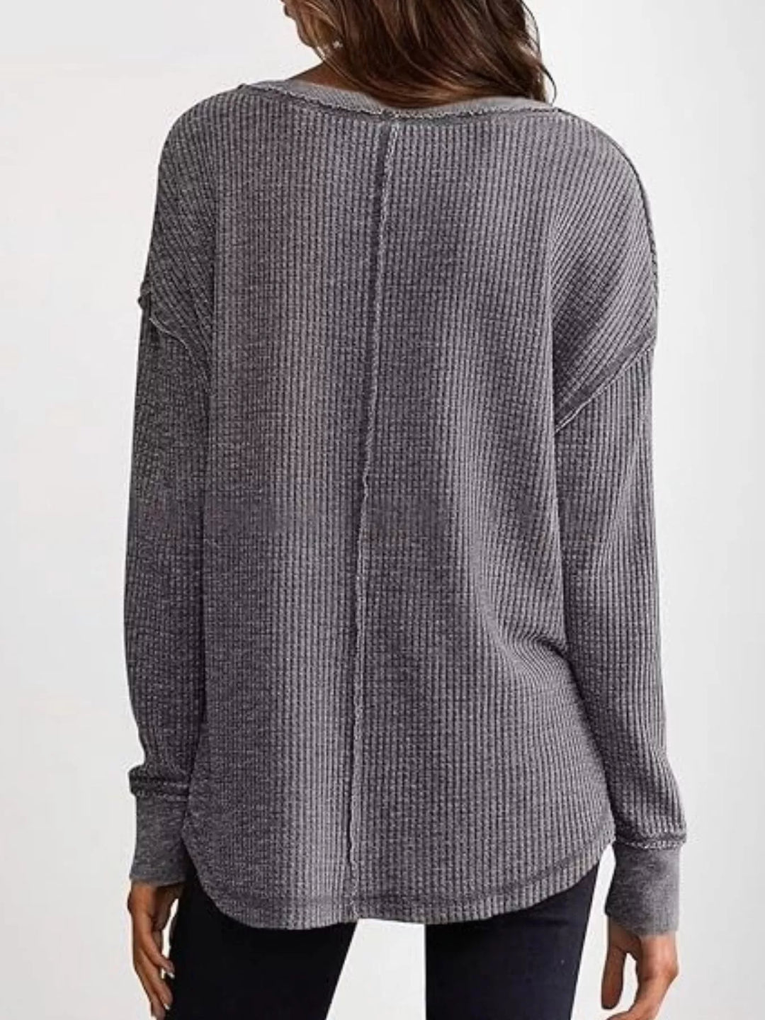 Waffle knit notched neck long sleeve tunic top