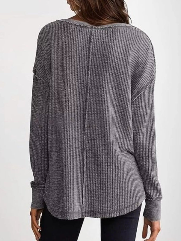 Waffle knit notched neck long sleeve tunic top