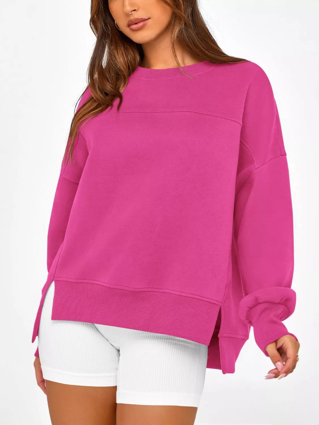 Hot Pink Side slit drop-shoulder relaxed crewneck sweatshirt