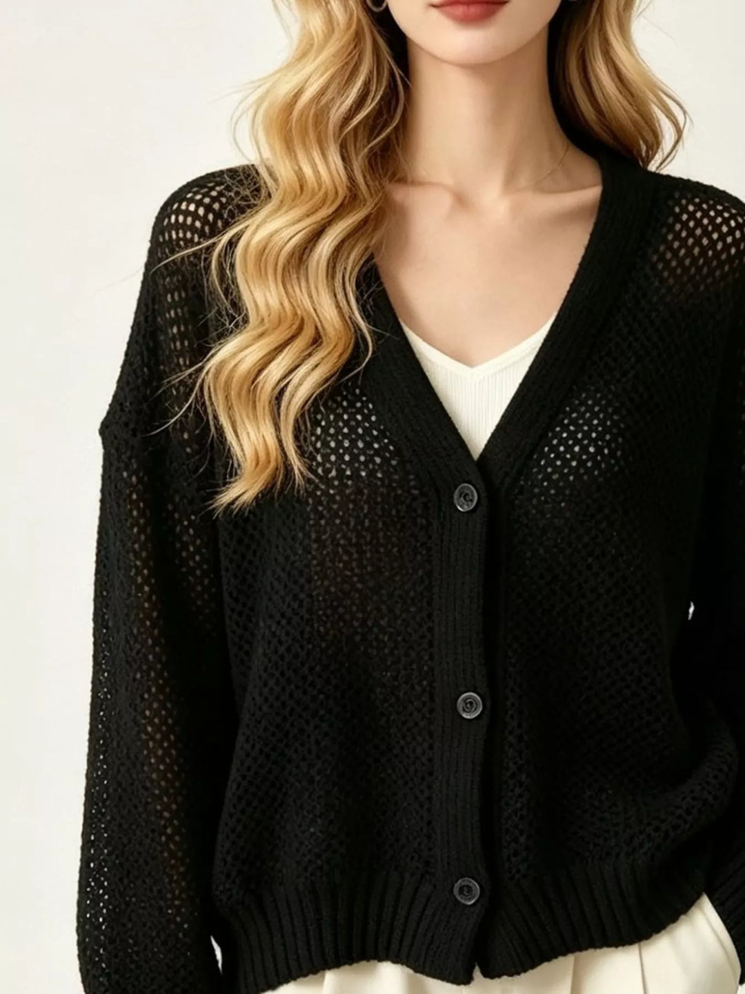 Open-knit V-neck button-front cardigan with ribbed trim