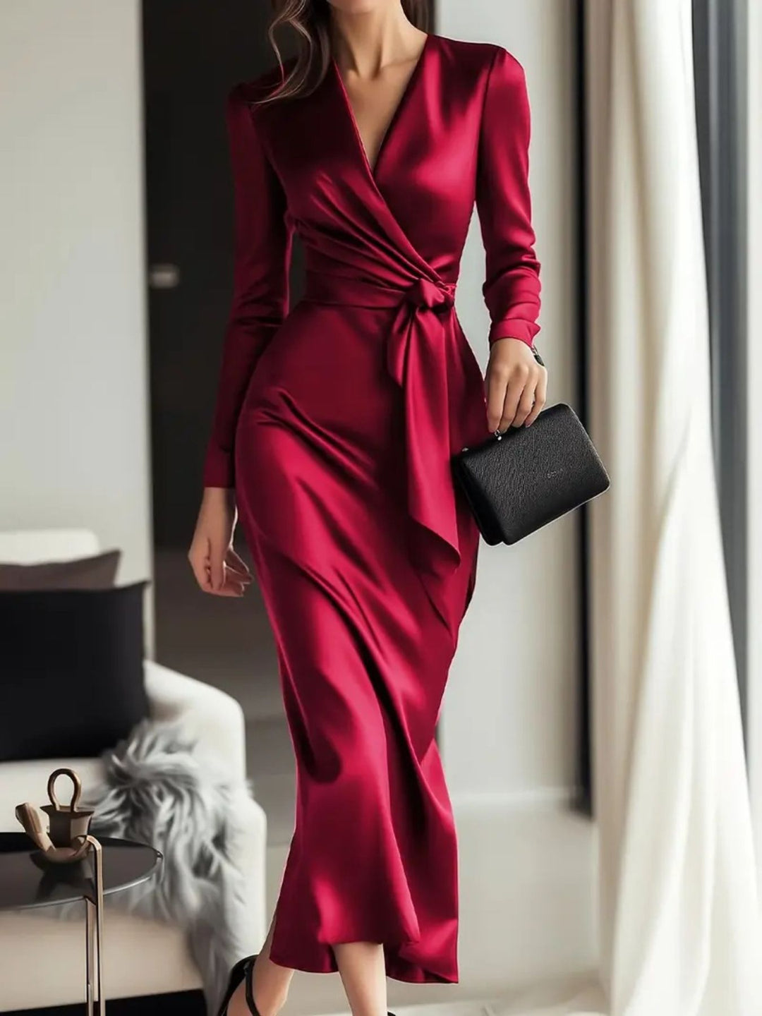 Scarlet Ruched satin maxi dress with tie waist and long sleeves