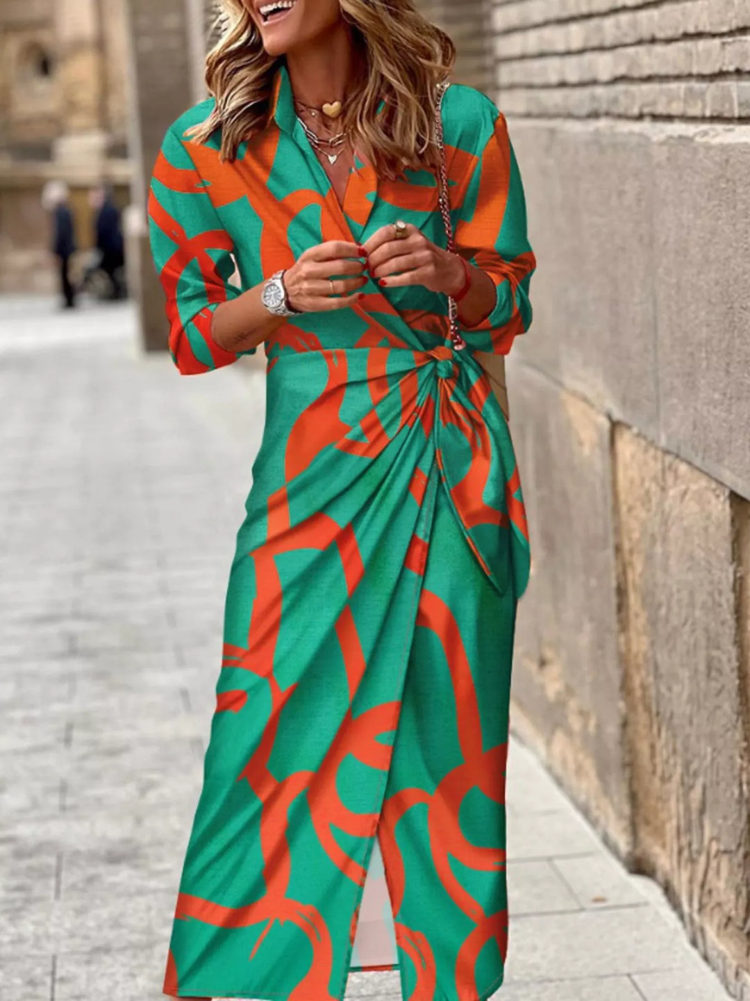 Abstract print collared shirt dress with tie waist