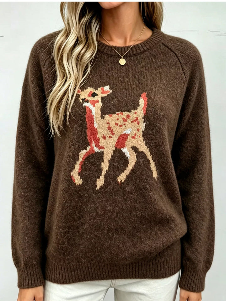 Deer knit raglan sleeve pullover sweater with ribbed trim