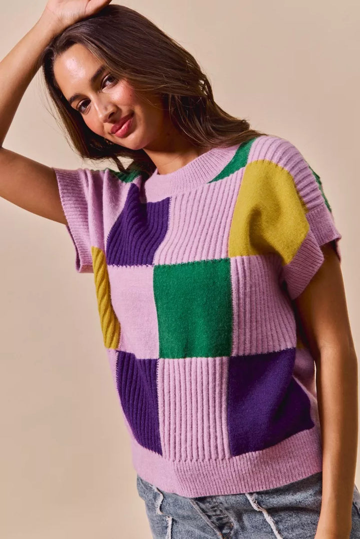 Checkerboard color-block short sleeve sweater top