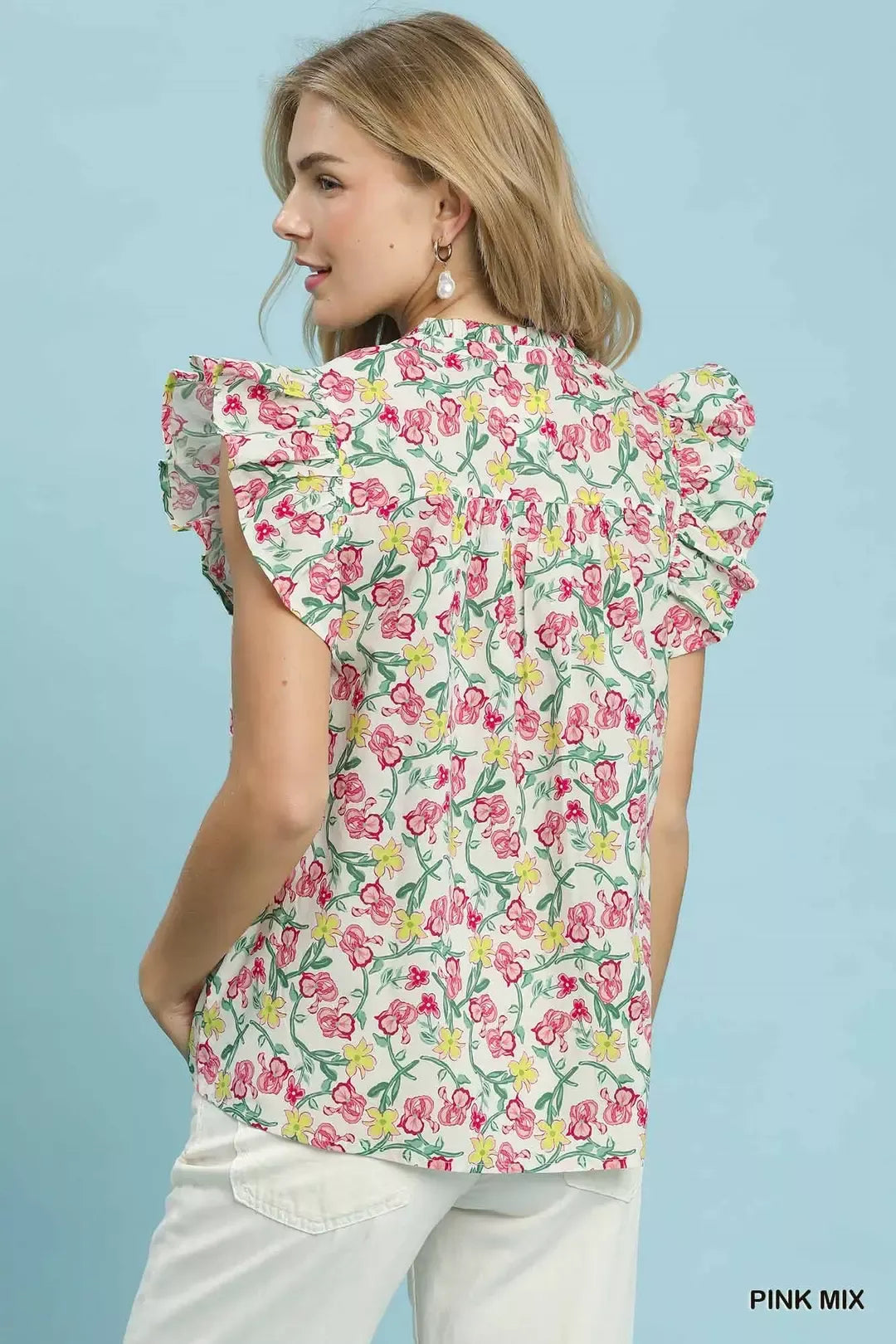 Floral ruffle cap sleeve button-front babydoll top